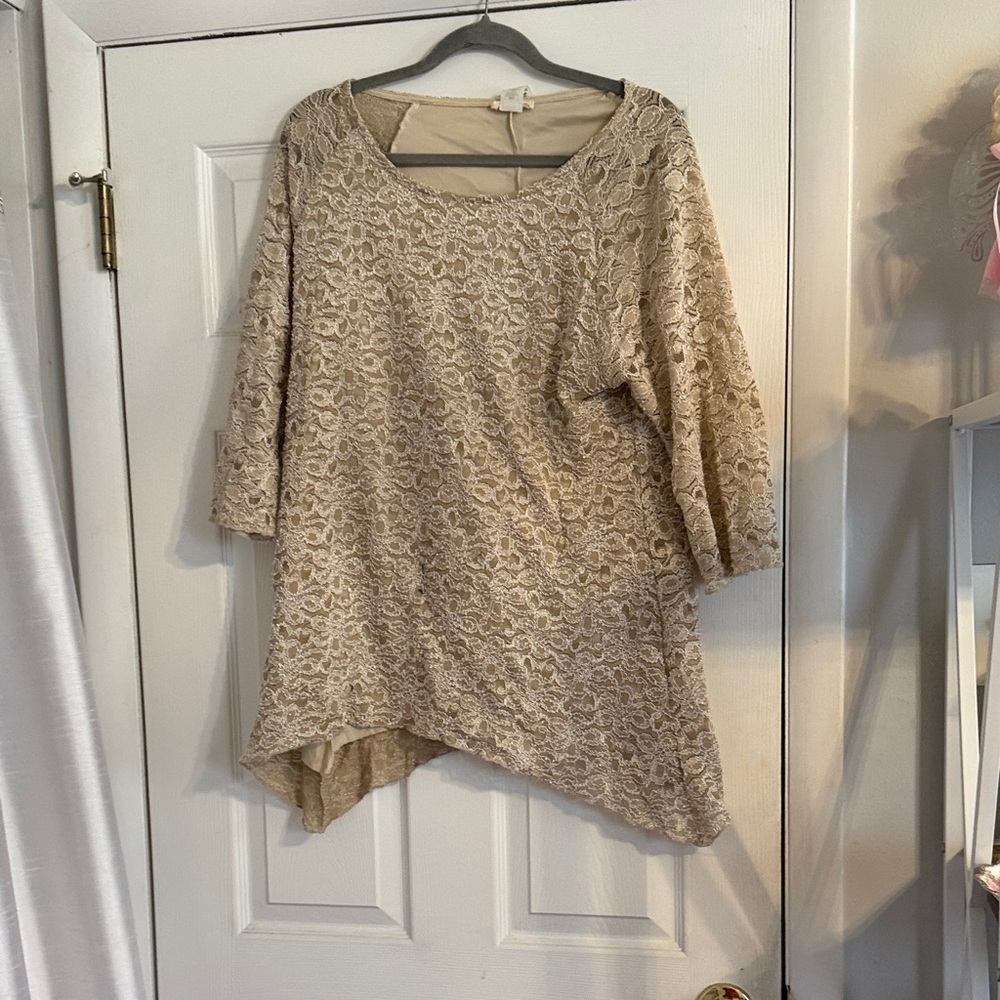 Brittany Black Beige Lace Overlay Asymmetric Hem Blouse